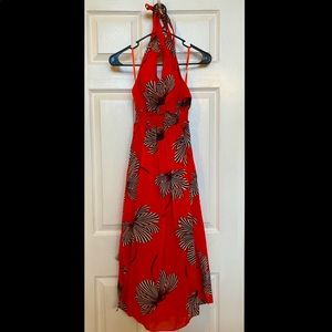 Ann Taylor 00P. Orange halter dress with black/white floral design.